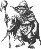 goblin mage or necromancer with magical staff images using Old engraving style vector