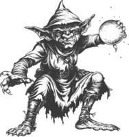 goblin mage or necromancer with magical orb images using Old engraving style vector