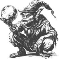 goblin mage or necromancer with magical orb images using Old engraving style vector