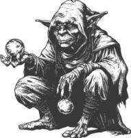 goblin mage or necromancer with magical orb images using Old engraving style vector