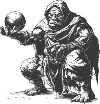 ogre mage or necromancer with magical orb images using Old engraving style vector