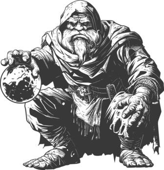 ogre mage or necromancer with magical orb images using Old engraving style vector