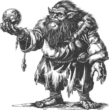 ogre mage or necromancer with magical orb images using Old engraving style vector