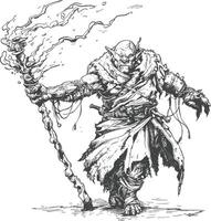 ogre mage or necromancer with magical staff images using Old engraving style vector