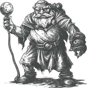 ogre mage or necromancer with magical orb images using Old engraving style vector