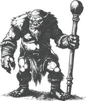 ogre mage or necromancer with magical staff images using Old engraving style vector