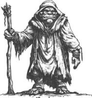 ogre mage or necromancer with magical staff images using Old engraving style vector