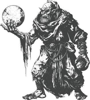 ogre mage or necromancer with magical orb images using Old engraving style vector