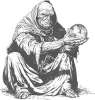 ogre mage or necromancer with magical orb images using Old engraving style vector