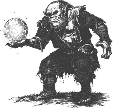 ogre mage or necromancer with magical orb images using Old engraving style vector