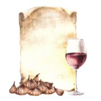 Dried figs fruit with glass of white wine or juice on vintage paper background. Alcoholic beverage drink menu, wine list template, liquor, schnapps label. Watercolor food painted illustration Isolated png