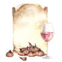 Dried figs fruit with glass of alcoholic drink or wine on vintage paper background. Beverage drink menu, wine list template, liquor, schnapps label. Watercolor food hand drawn illustration png