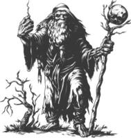 ogre mage or necromancer with magical staff images using Old engraving style vector