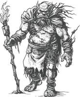 ogre mage or necromancer with magical staff images using Old engraving style vector