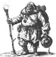 ogre mage or necromancer with magical staff images using Old engraving style vector