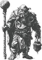 ogre mage or necromancer with magical staff images using Old engraving style vector