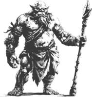 ogre mage or necromancer with magical staff images using Old engraving style vector