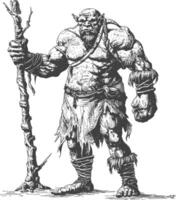 ogre mage or necromancer with magical staff images using Old engraving style vector