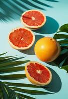 Citrus Fruits and Palm Leaves on Blue Background photo