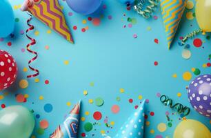 Bright Balloons and Confetti on Blue Background photo