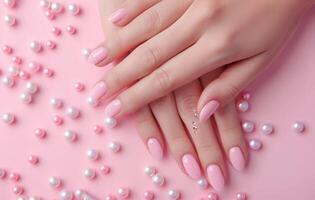 Womans Hands With Pink and White Nail Polish photo