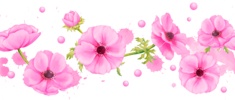 un sin costura frontera presentando delicado rosado anémonas, adornado con pedrería. acuarela ilustración con suave agua gotas y salpicaduras para embelleciendo Boda invitaciones, saludo tarjetas png