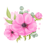 waterverf samenstelling roze anemoon bloemen, groen gebladerte, en eucalyptus bladeren, reeks tegen een backdrop van dynamisch waterverf spatten. voor bruiloft uitnodigingen kunst afdrukken, huis decor achtergronden png
