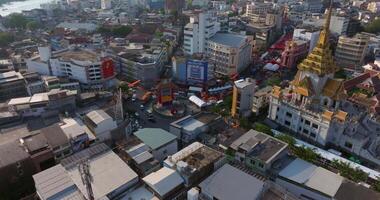 An aerial view of the Chinatown Gate and Traimit Withayaram temple, The most famous tourist attraction in Bangkok, Thailand video