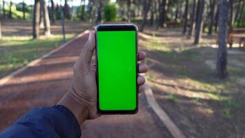 pov Schuss von jung Mann mit Clever Telefon beim draussen video