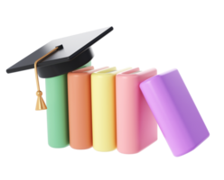 3D Closed Books and university or college black cap graduate Icon. Render Education or Business Literature. E-book, Literature, Encyclopedia, Textbook Illustration. png