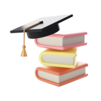 3D Stack of air Closed Books and university or college black cap Icon. Render Educational or Business Literature. E-book, Literature, Encyclopedia, Textbook Illustration png