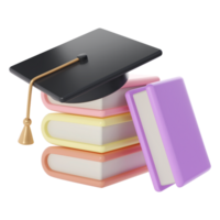 3D Stack of Closed Books and university or college black cap Icon. Render Educational or Business Literature. E-book, Literature, Encyclopedia, Textbook Illustration png