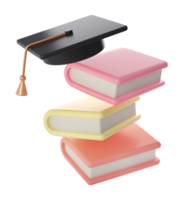 3D Stack of Closed Books and university or college black cap graduate Icon. Render Education or Business Literature. E-book, Literature, Encyclopedia, Textbook Illustration png