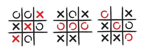 Tic tac toe xo game hand drawn grid doodle template illustration set isolated on white background vector
