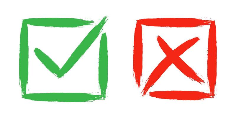Dirty grunge cross x and tick OK check marks in check boxes, hand drawn with brush strokes illustration.
