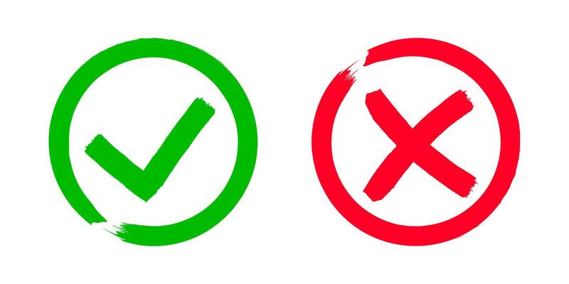 Dirty grunge cross x and tick OK check marks in check boxes, hand drawn with brush strokes illustration.