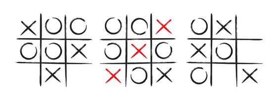 Tic tac toe xo game hand drawn grid doodle template illustration set isolated on white background vector