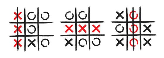 Tic tac toe xo game hand drawn grid doodle template illustration set isolated on white background vector