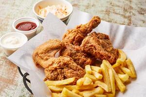 chicken broasted with french fries, chili sauce and mayo dip served in dish isolated on table top view of arabic food photo