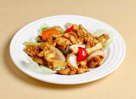 stir fried chicken with soy sauce served in dish isolated on background top view singapore food photo