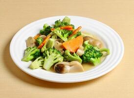 stir fried broccoli with mushroom served in dish isolated on background top view singapore food photo