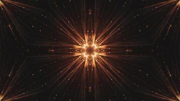 Ornate kaleidoscopic motion background animation with sun symbol, glowing golden light beams and exploding gold energy particles. This shiny spiritualism background is full HD and looping. video