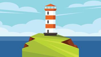 lighthouse on a cliff above sea level and ocean on the background flat design vector