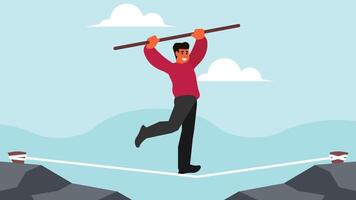 person walking on a line using balance stick between two edges illustration vector