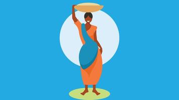 indian woman in national dress holding a bag on her head flat design vector