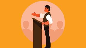 speaker gives a speech behind a podium with a crowd illustration vector