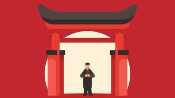 a chinese man stands in front of a temple gate flat design vector