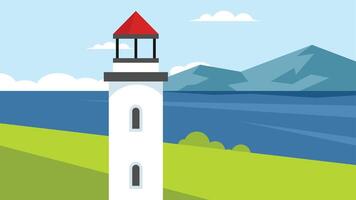 A lighthouse in an island in the day time at sea shore background illustration vector