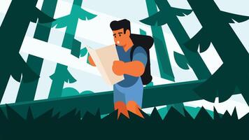 A traveller with a map going through a forest at night flat design vector