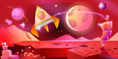 Alien planet landscape for space game background. Red sky with glowing crystal rocks, rocket, surface planets and galaxies in the solar system. Orange fantastic cosmos cartoon illustration. vector